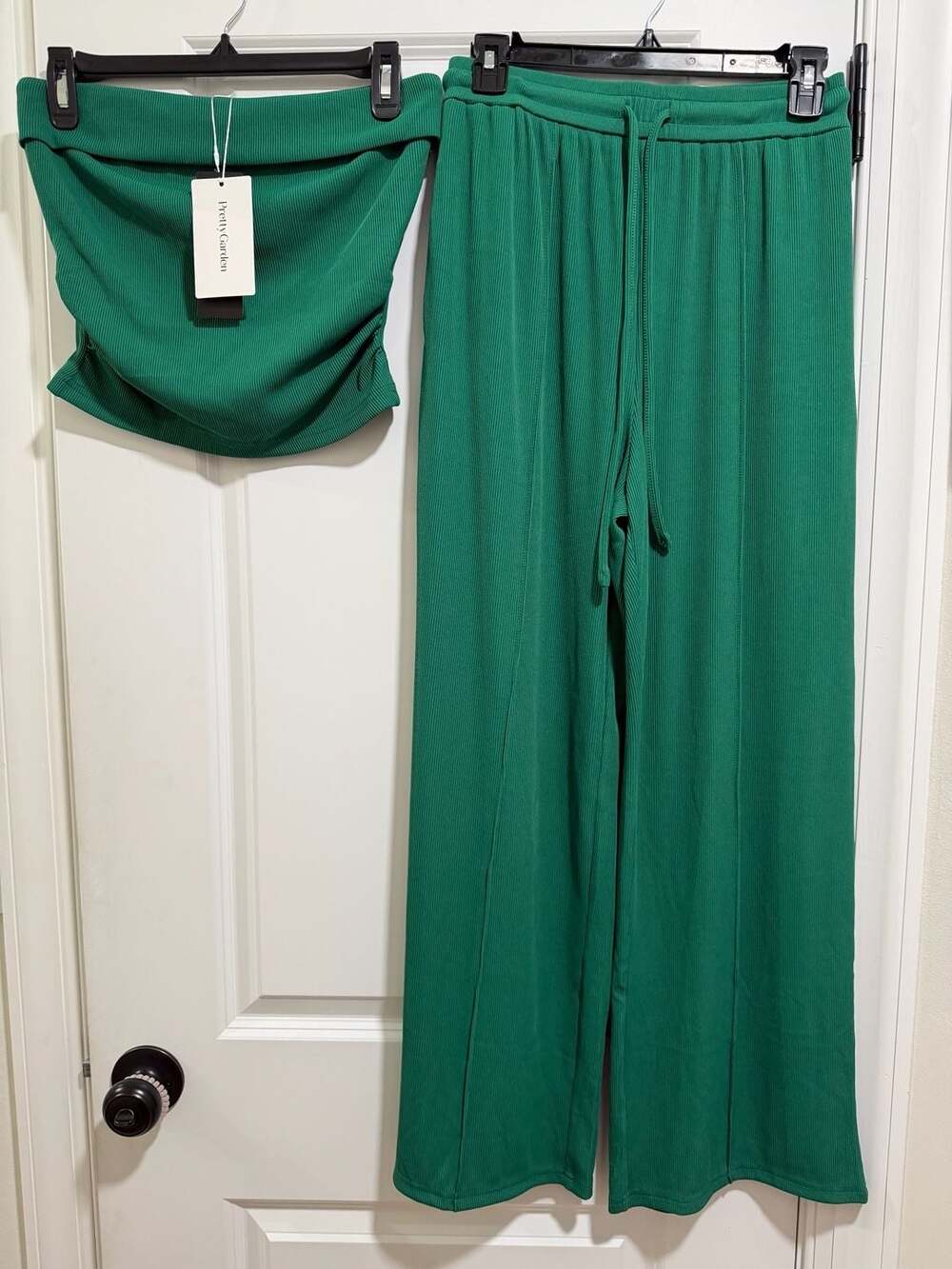 PRETTYGARDEN 2 Piece Sets Ribbed  Crop Tube Top  & Wide Leg Pants size small